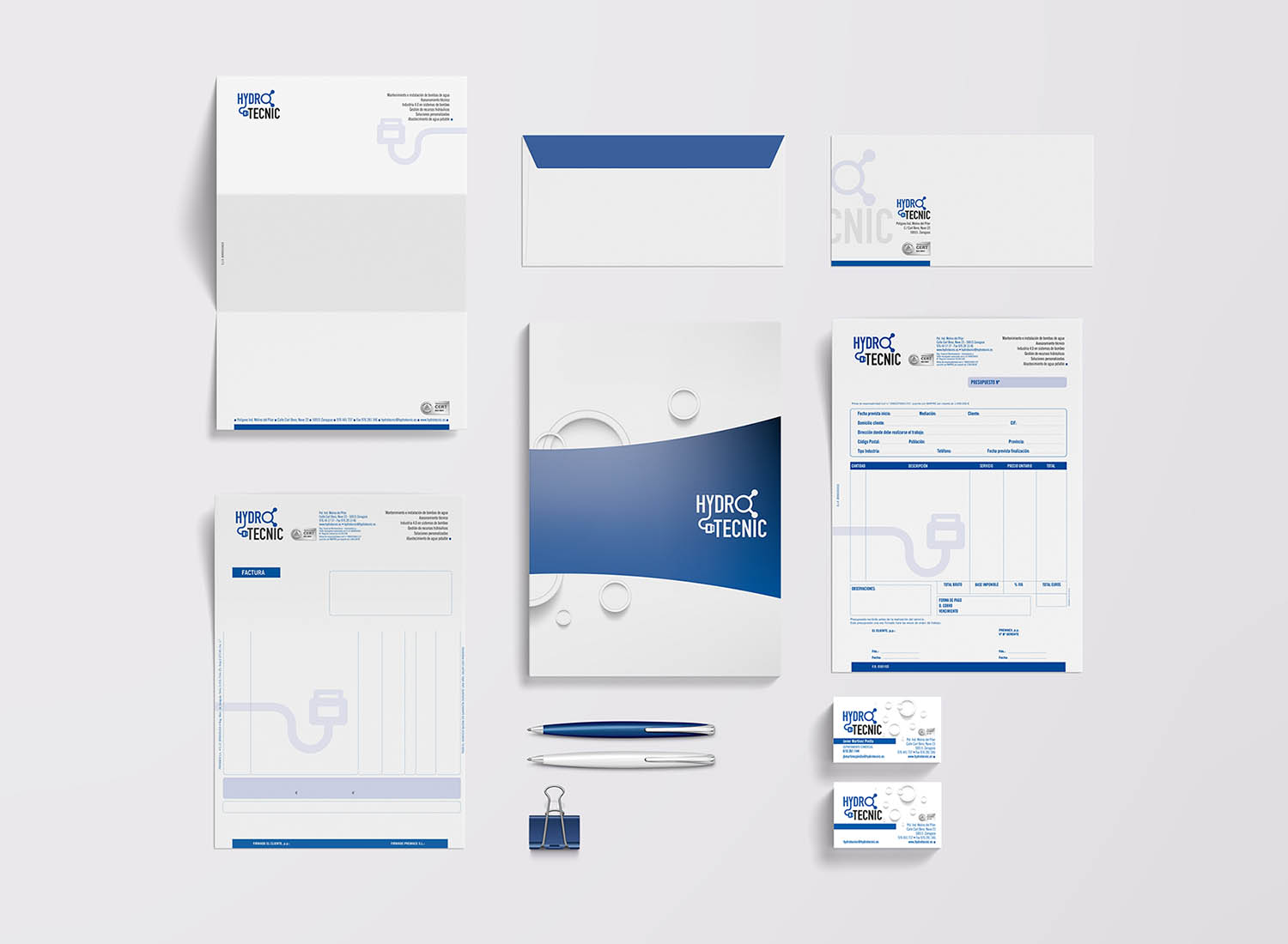 Identidad corporativa de la empresa Hydrotecnic. Material de papelería y oficina
