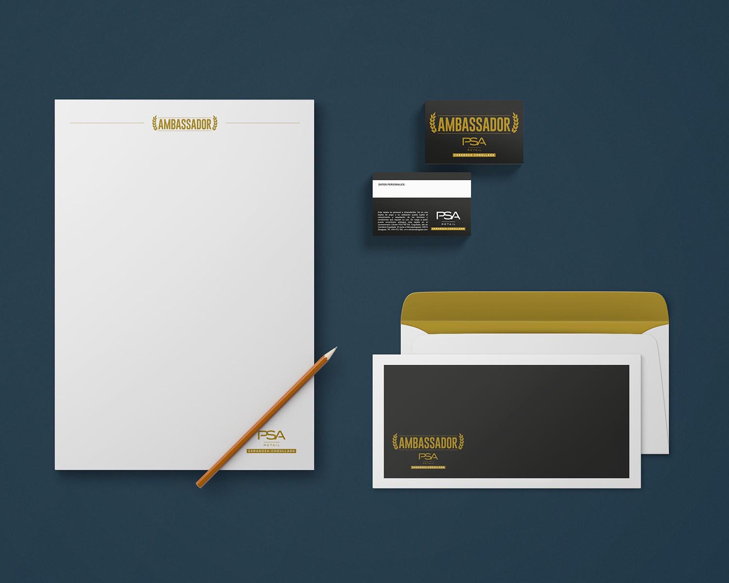 Papel carta, sobres y tarjetas de visitas para PSA Retail Cogullada con el logotipo específico Ambassador
