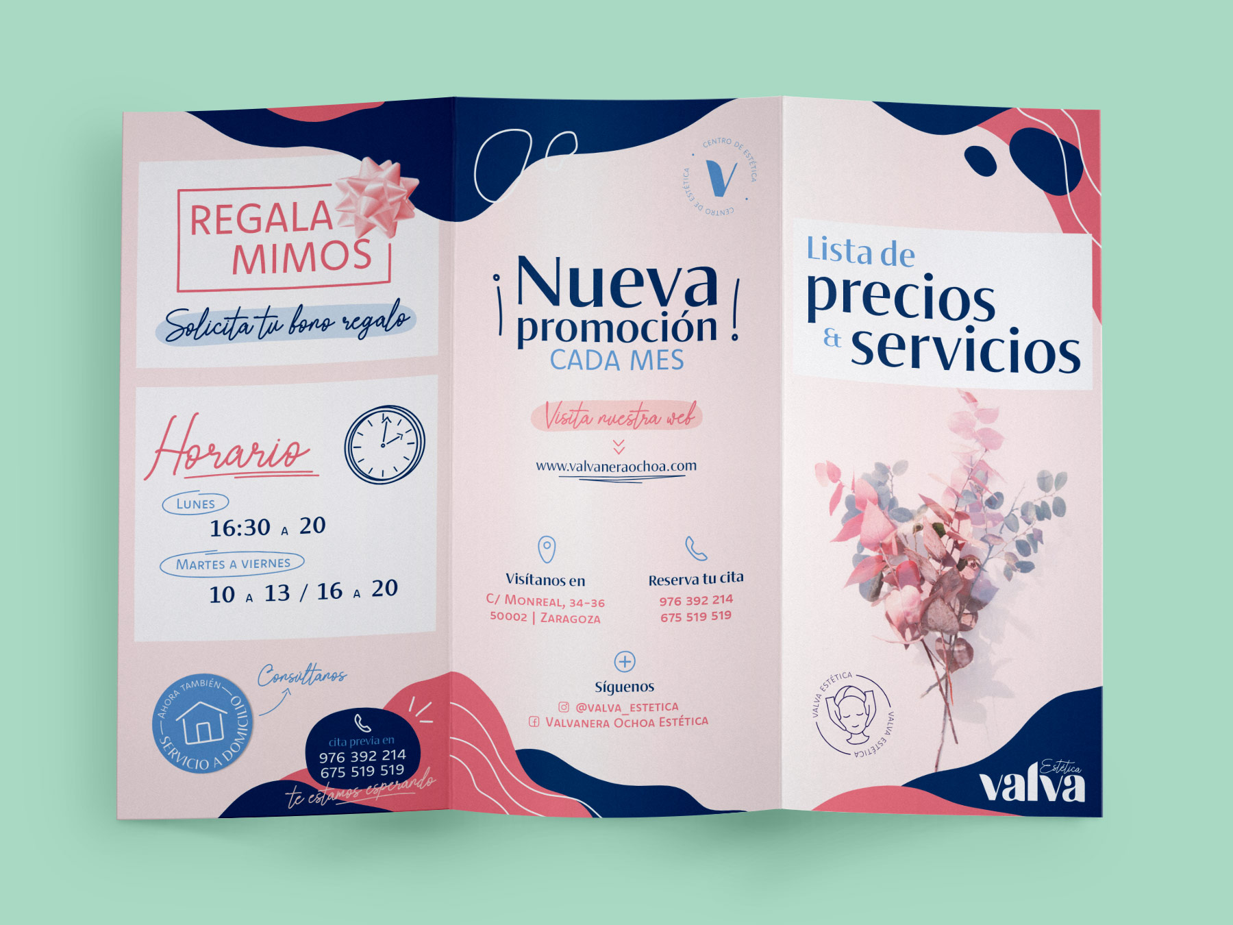 Exterior del tríptico abierto de tarifa de precios de Valva Estética