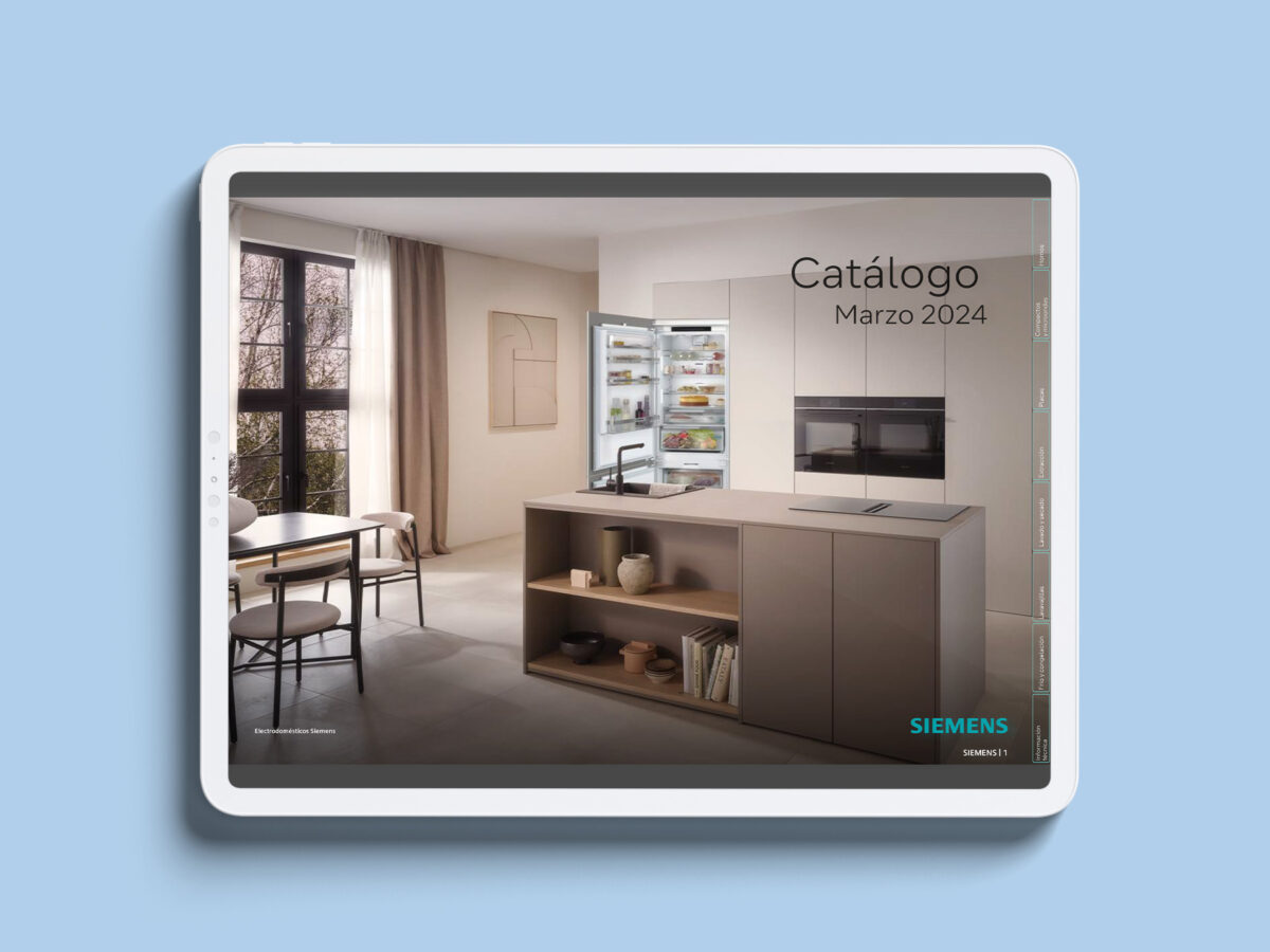 Tablet mostrando la portada del Catálogo interactivo Siemens, marzo 2024.