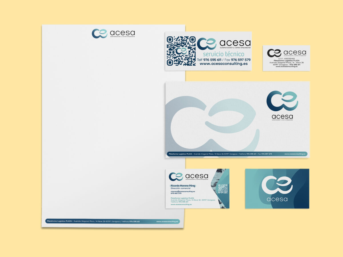 Papelería corporativa para Acesa, como parte de su nueva imagen corporativa: papel de carta, sobre, tarjetas de contacto, pegatina y sello.