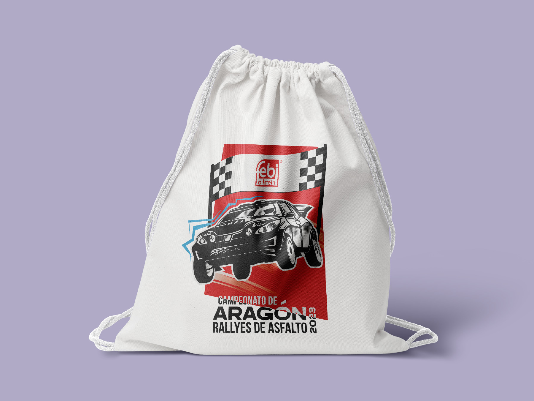 Mochila de tela con ilustración promocional y logotipo del Campeonato de Aragón Rallyes de Asfalto 2023.