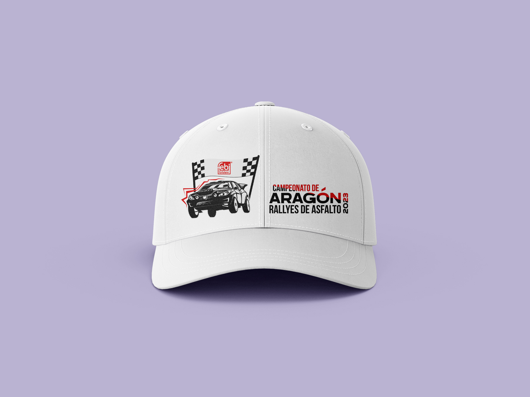 Gorra con ilustración promocional y logotipo del Campeonato de Aragón Rallyes de Asfalto 2023.