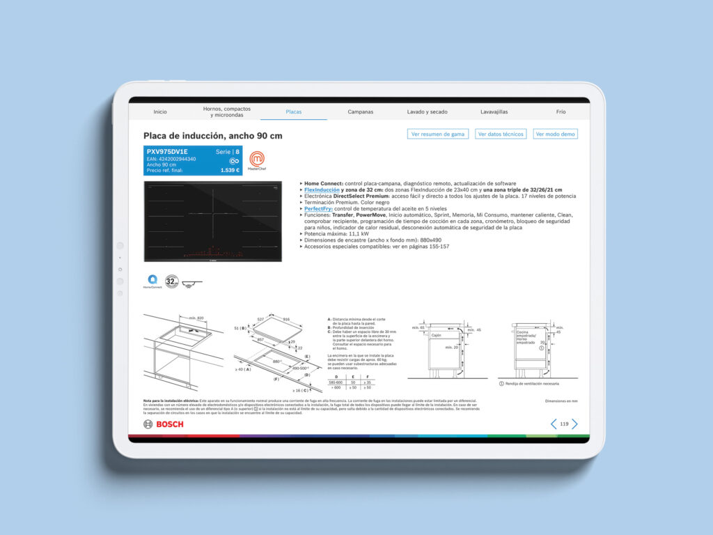 Ipad mostrando página de producto de placas de inducción del catálogo interactivo Bosch septiembre 2024